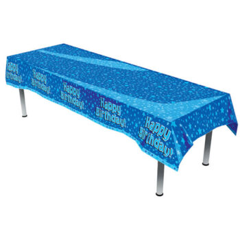 Plastic table cover in Blue, Happy Birthday print.