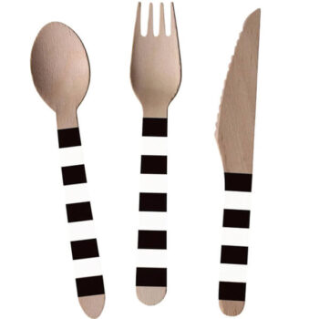 wooden party cutlery set in black and white stripes.